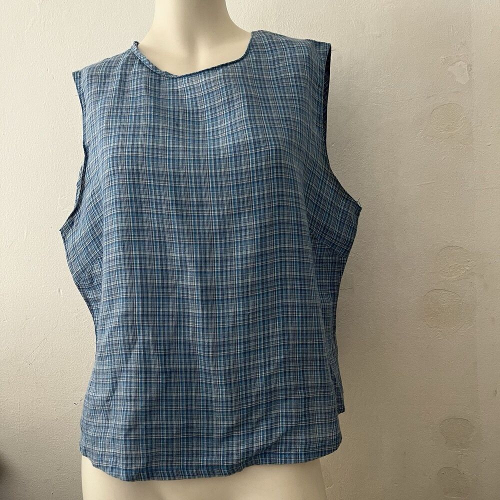 Carlie’s Court Linen Top L Plaid Blue Rustic Country Western Summer Farm Picnic